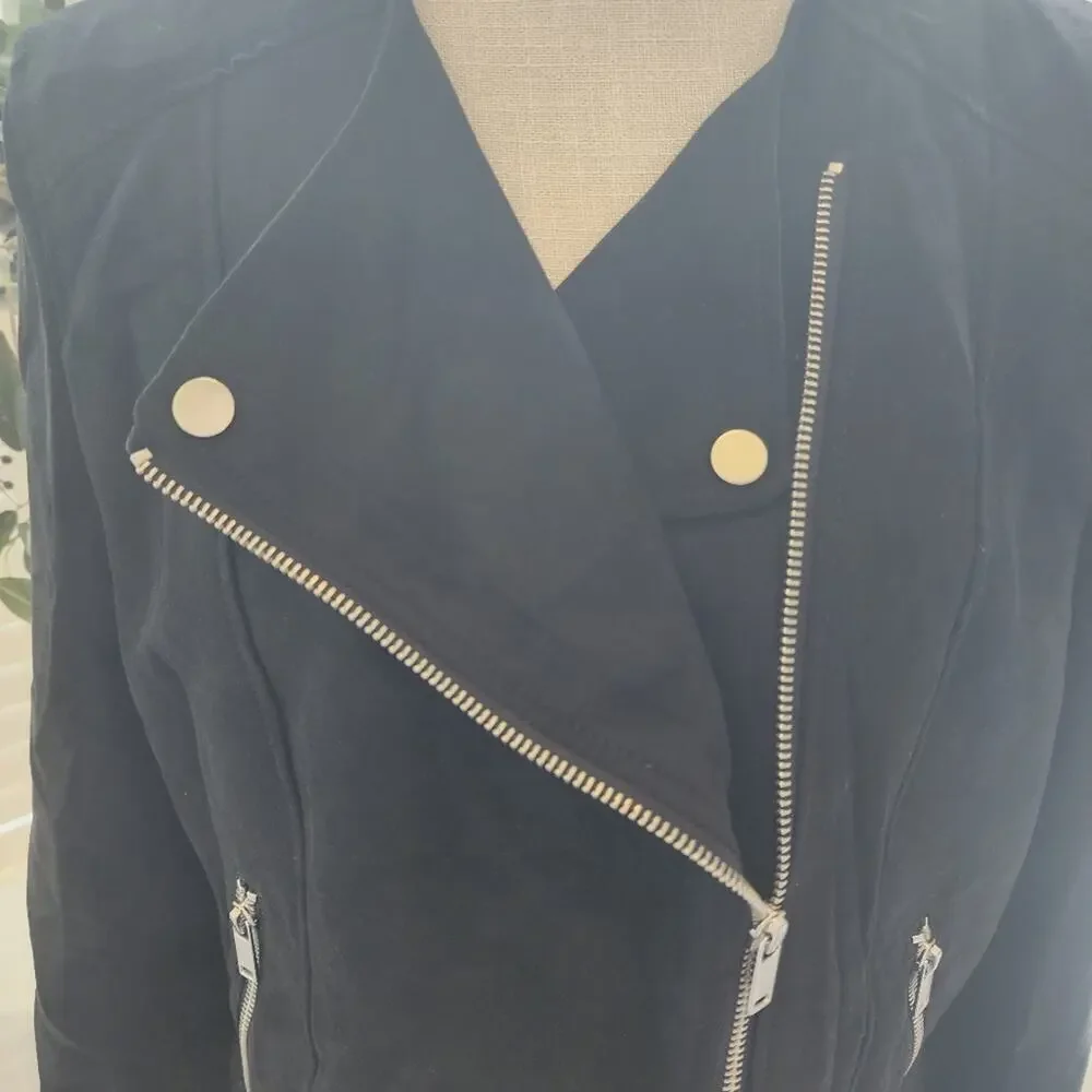 DIVIDED H & M BLACK FAUX LEATHER JACKET WITH MULTI ZIPPERS SIZE 14